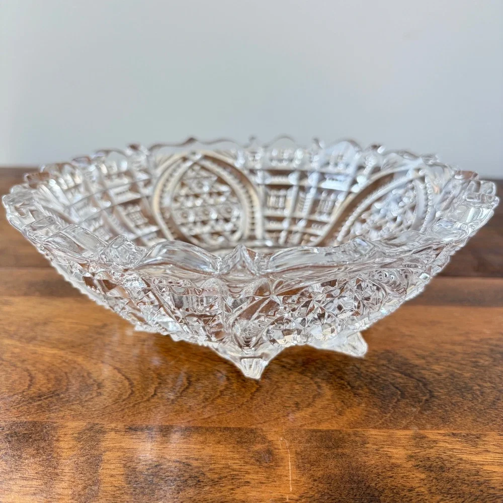 American Brilliant Cut Glass Bowl 8 in Footed Hobstar Star Scalloped Crystal